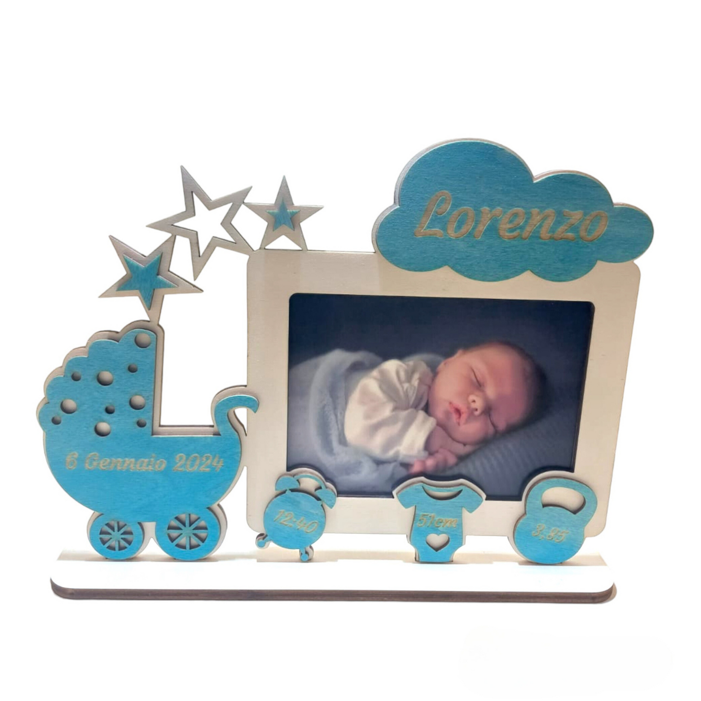 Cornice Personalizzata Tema Nascita - Cornice in Legno Neonato - Idea Regalo New Born