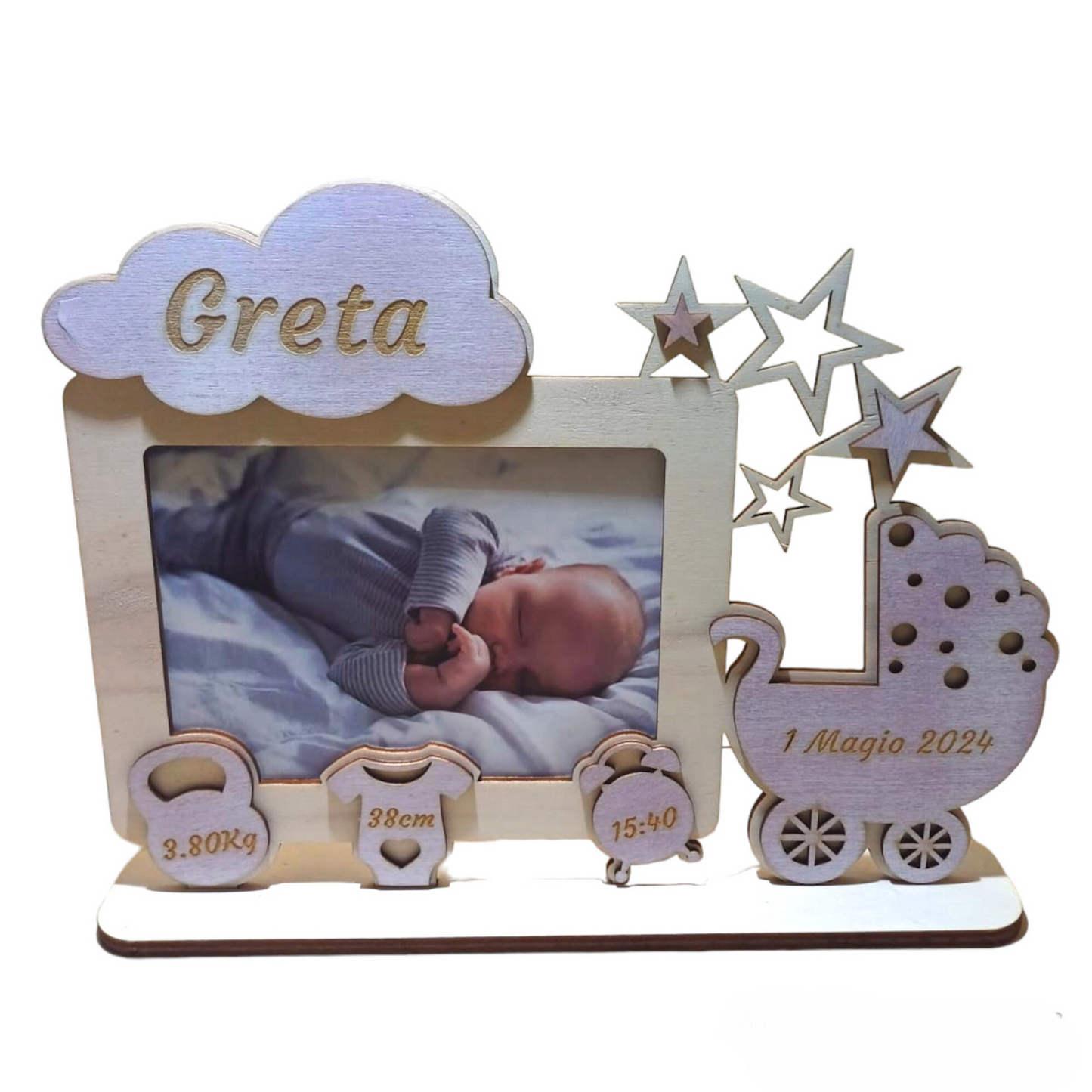 Cornice Personalizzata Tema Nascita - Cornice in Legno Neonato - Idea Regalo New Born